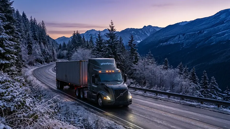 Truck travelling through an alpine landscape