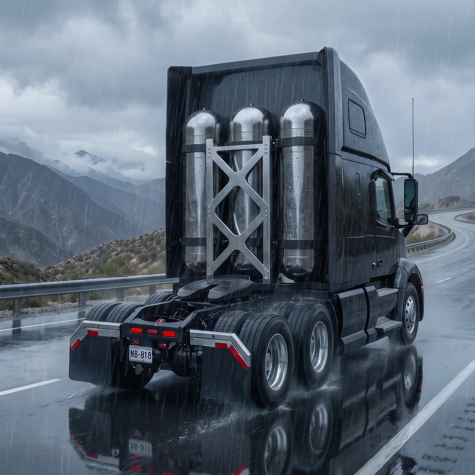 A modern heavy-duty truck travelling on a mountain highway through an alpine forest